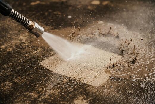 Close-up of a pressure washer nozzle blasting dirt from concrete, revealing a clean patch underneath.